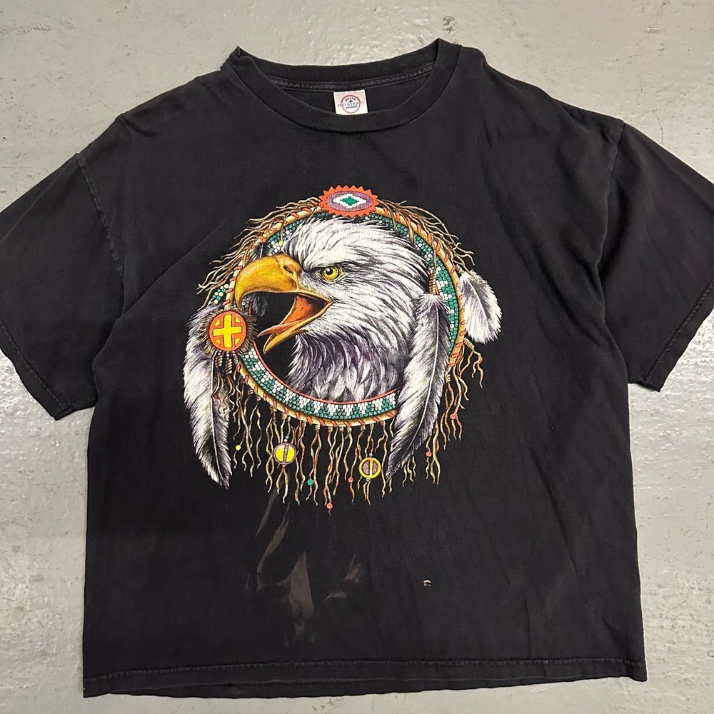 Vintage Delta Mens Eagle Dreamcatcher T-Shirt XL Black Preowned Flaws Hole